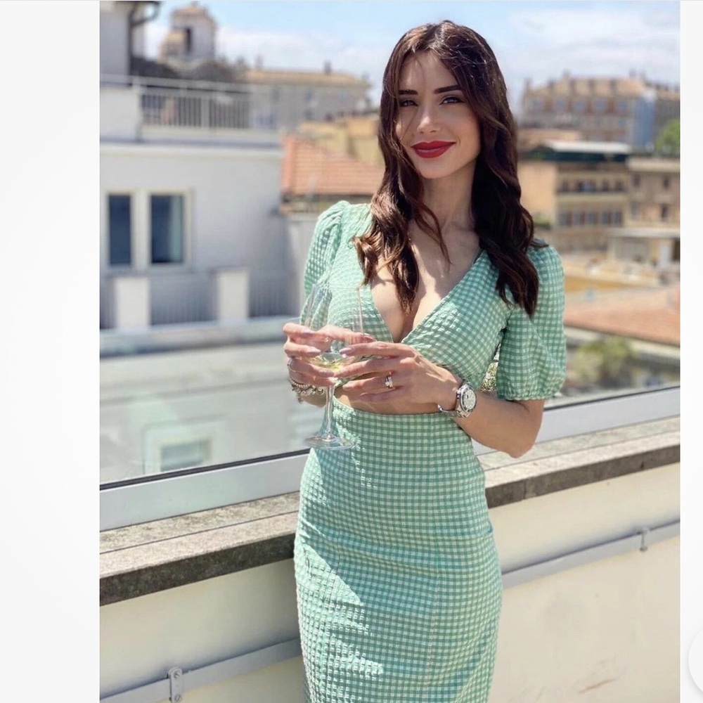 Zara Green Gingham Cut Out Midi Puff Sleeve Dress Size Small Women